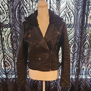 Forever 21 Black Faux Leather Jacket detachable hood
